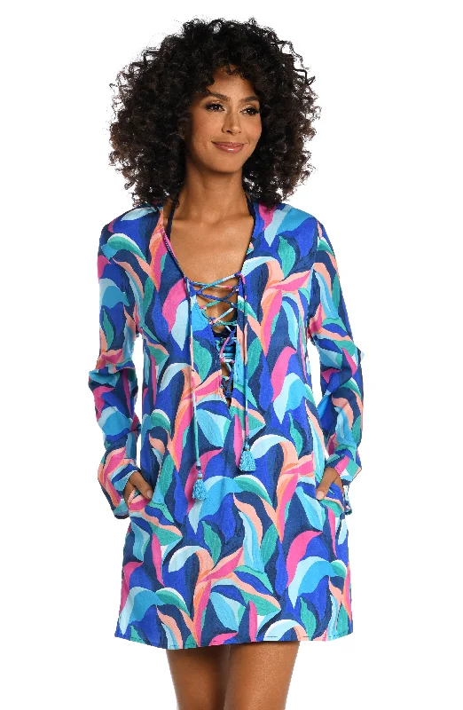 Painted Leaves Lace Up V-Neck Tunic - FINAL SALE