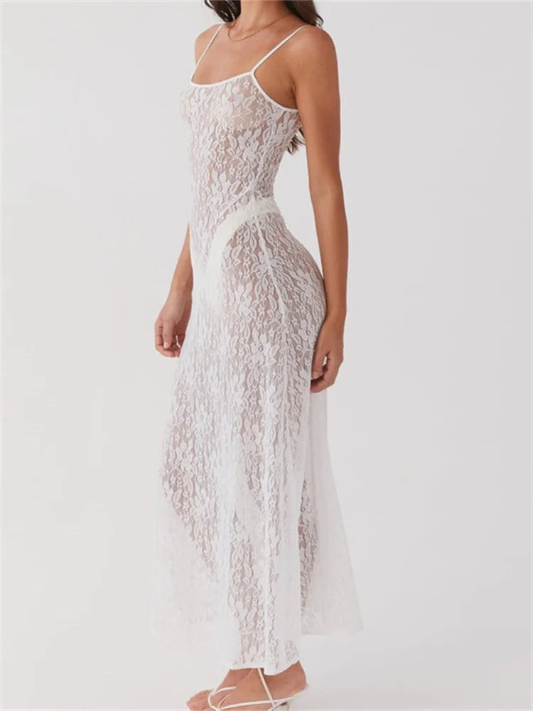 Amy Fashion - Sexy Women Lace Floral Sexy Mesh See Through Summer Sleeveless Strap White Beach Female Vestido Amy Fashion - Sexy Women Lace Floral Sexy Mesh See Through Summer Sleeveless Strap White Beach Female Vestido